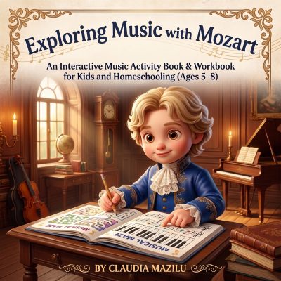 Coperta cărții de activități interactive „Exploring Music with Mozart” pentru copii